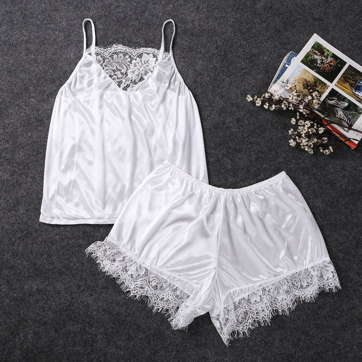 Women Sleepwear Satin Sexy Lace Pajamas Set Female Elegant Sleeveless Top and Shorts Night Suit Pj Set Underwear