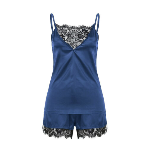 Women Sleepwear Satin Sexy Lace Pajamas Set Female Elegant Sleeveless Top and Shorts Night Suit Pj Set Underwear