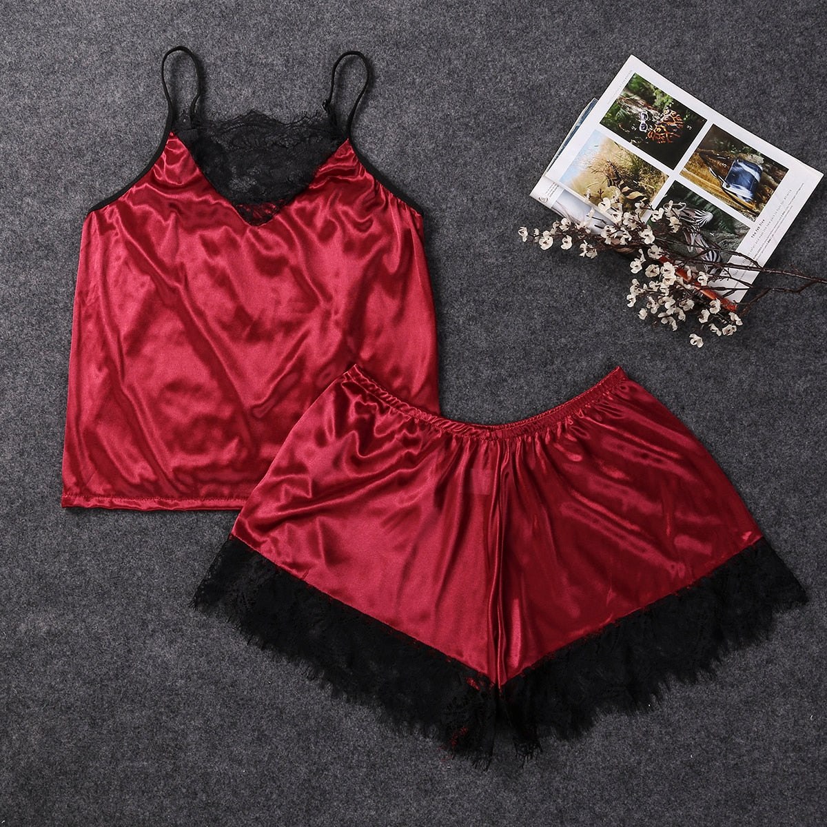 Women Sleepwear Satin Sexy Lace Pajamas Set Female Elegant Sleeveless Top and Shorts Night Suit Pj Set Underwear