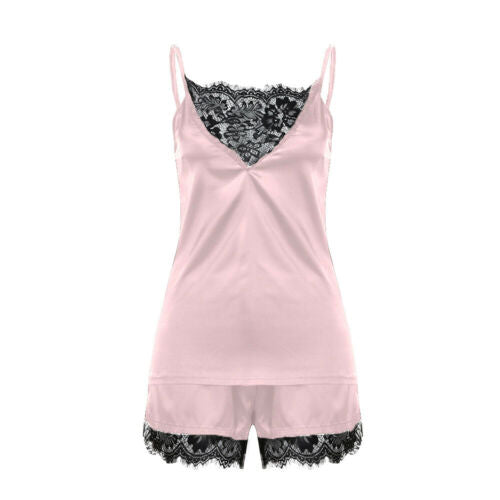 Women Sleepwear Satin Sexy Lace Pajamas Set Female Elegant Sleeveless Top and Shorts Night Suit Pj Set Underwear