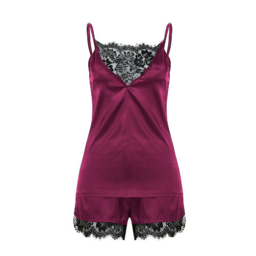 Women Sleepwear Satin Sexy Lace Pajamas Set Female Elegant Sleeveless Top and Shorts Night Suit Pj Set Underwear