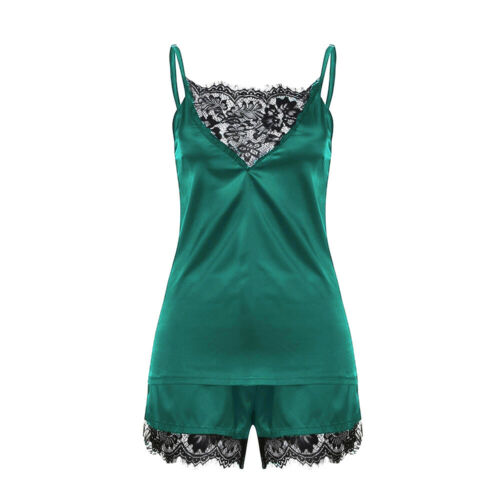 Women Sleepwear Satin Sexy Lace Pajamas Set Female Elegant Sleeveless Top and Shorts Night Suit Pj Set Underwear