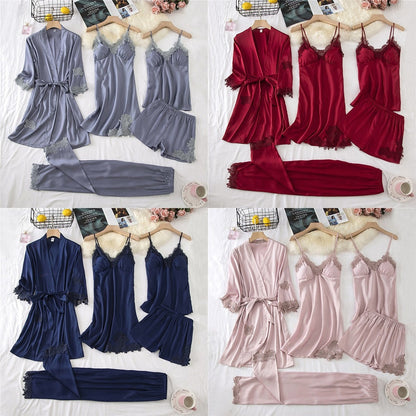 Women Pajamas Suit Satin Sexy Sleepwear Summer Pyjamas With Trousers Nightgown V-Neck Kimono Robe Gown Set Lingerie