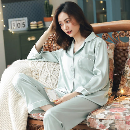 Summer Satin Pajamas Women Pyjamas PJ Set Home Clothes Long Sleeve Sleepwear Suit Pink Night Wear Ice-Silk White Pijamas Femme