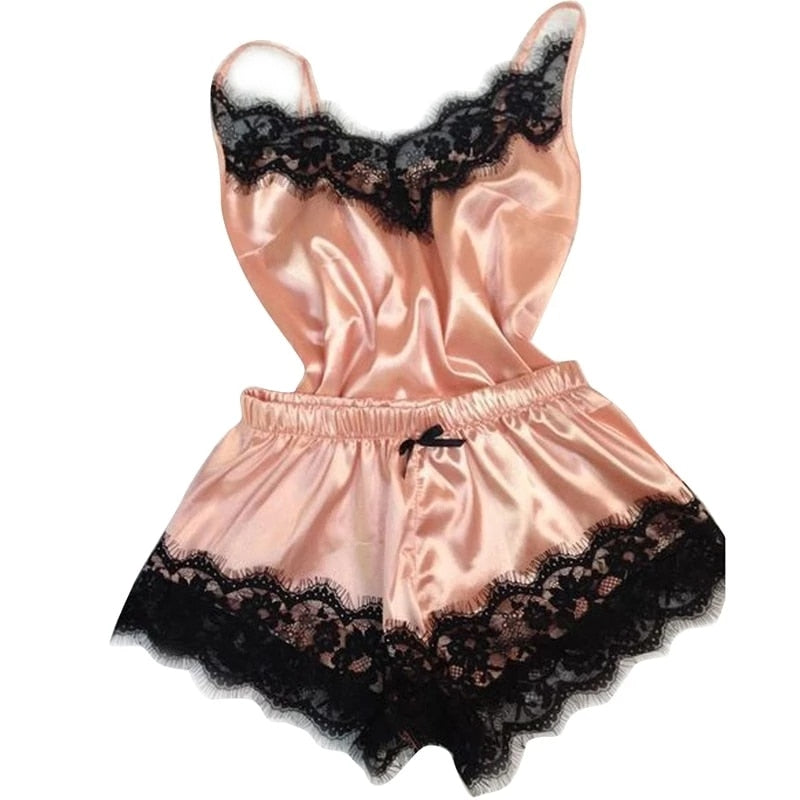 Women Pajama Suit Fashion V-Neck Stretch Satin Babydoll Lace Sexy Lingerie Bowknot Pyjamas Sleep Shorts Set Sleepwear New